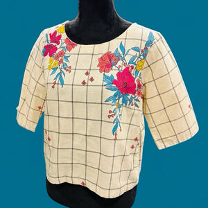 AKKRITI Boho Fairy Plaid Floral Linen Cotton Beige Check Short Sleeve Crop Top L